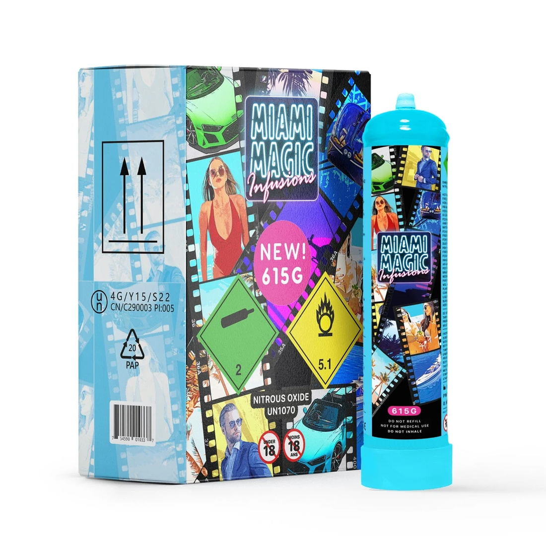 Miami Magic Infusions 615g N2O cylinder with retail packaging and premium nitrous oxide canister box