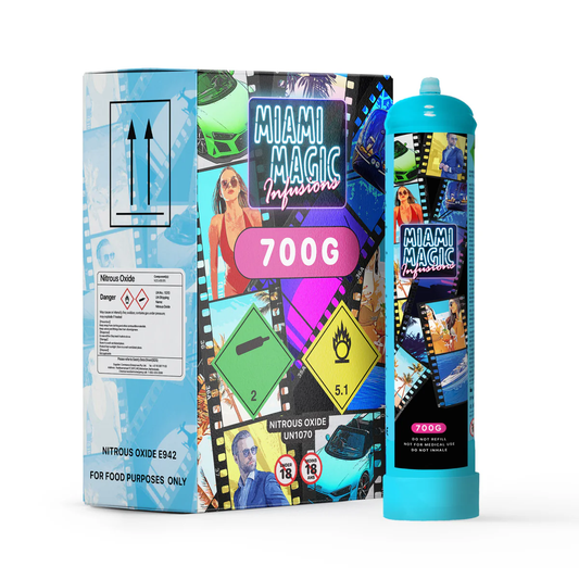 Miami Magic Infusions 700g N2O canister with retail packaging for professional and home culinary applications.